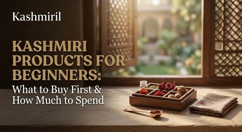 Kashmiril - KASHMIRI PRODUCTS FOR BEGINNERS: What to Buy First & How Much to Spend. Wooden compartmental tray with saffron, spices, walnuts and copper spoon.