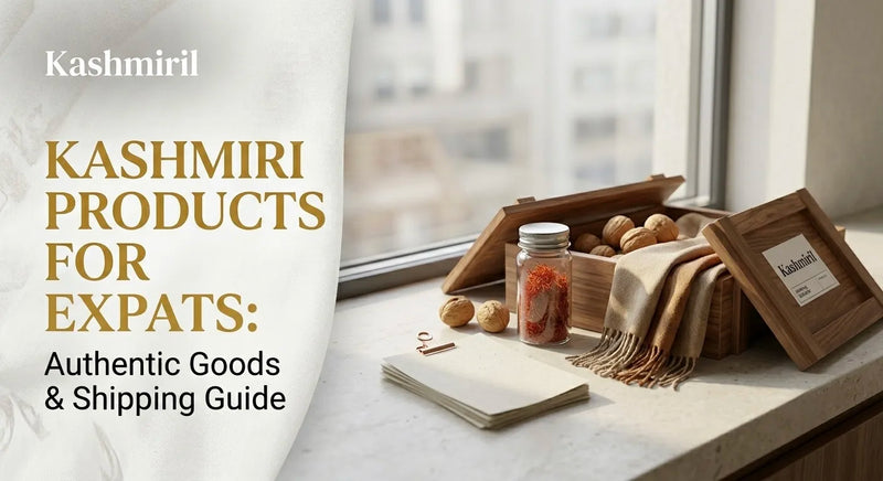 KASHMIRI PRODUCTS FOR EXPATS: Authentic Goods & Shipping Guide. Saffron, walnuts, and a shawl in a wooden box by a city window.