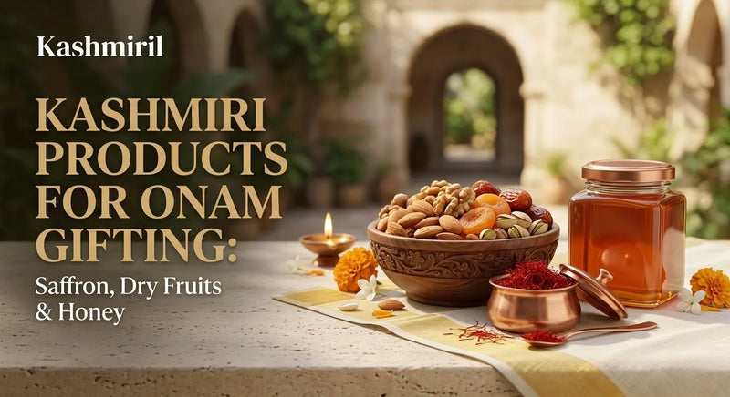 Kashmiril - KASHMIRI PRODUCTS FOR ONAM GIFTING: Saffron, Dry Fruits & Honey. Wooden bowl of mixed dry fruits with honey jar, saffron pot and marigold flowers on festive table.