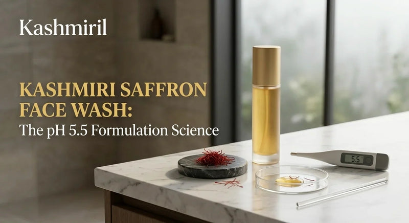 KASHMIRI SAFFRON FACE WASH: The pH 5.5 Formulation Science by Kashmiril. Sleek gold bottle of saffron face wash on white marble countertop with digital pH meter showing 5.5, petri dish, pipette, and saffron threads in modern lab display.