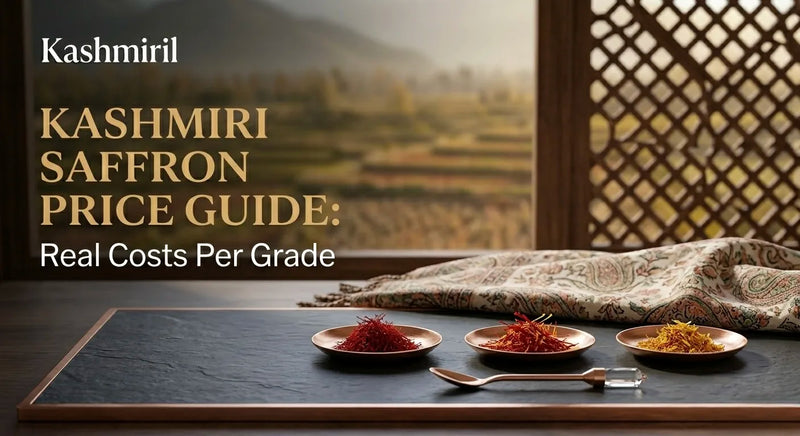 Kashmiril - KASHMIRI SAFFRON PRICE GUIDE: Real Costs Per Grade. Three copper bowls showing different saffron grades on slate board with copper spoon and traditional textile against mountain view.