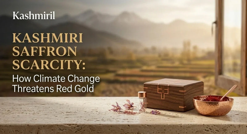 Kashmiril - KASHMIRI SAFFRON SCARCITY: How Climate Change Threatens Red Gold. Wooden gift box, copper bowl of saffron, and small vial on windowsill with dramatic Himalayan mountain landscape.