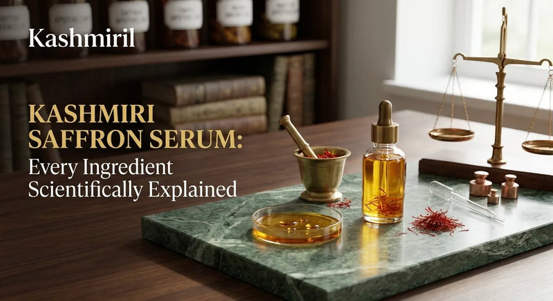 KASHMIRI SAFFRON SERUM: Every Ingredient Scientifically Explained by Kashmiril. Golden saffron serum dropper bottle with mortar & pestle, petri dish, brass scales, and saffron threads elegantly arranged on green marble in apothecary setting.