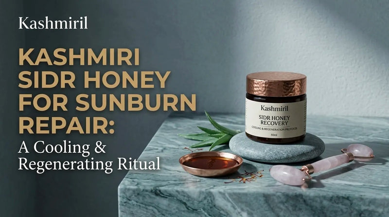 Kashmiril - KASHMIRI SIDR HONEY FOR SUNBURN REPAIR: A Cooling & Regenerating Ritual. Sidr honey jar with aloe and gua sha on marble.
