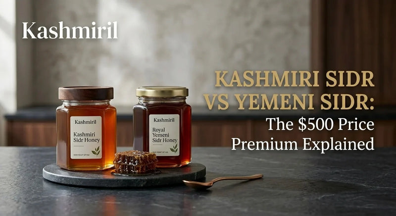 Two premium Kashmiril Sidr honey jars with honeycomb on dark slate. Blog title: KASHMIRI SIDR VS YEMENI SIDR: The $500 Price Premium Explained