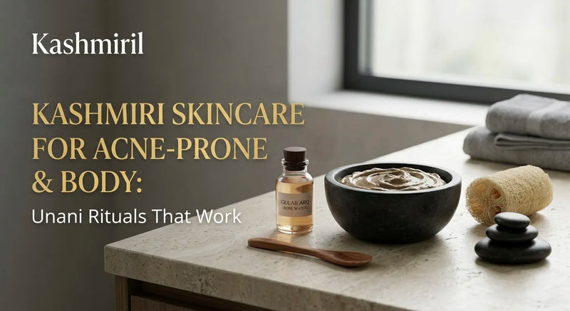 KASHMIRI SKINCARE FOR ACNE-PRONE & BODY: Unani Rituals That Work. Clay mask in black bowl alongside rose water and natural loofah.