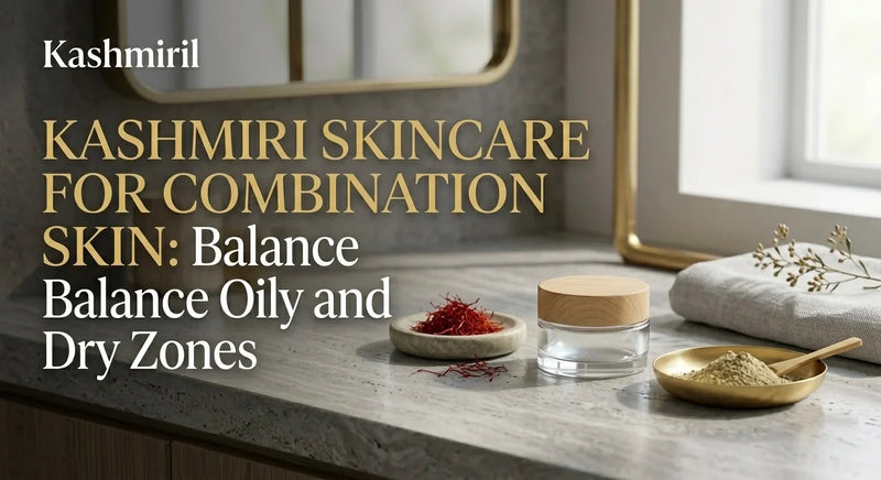 KASHMIRI SKINCARE FOR COMBINATION SKIN: Balance Oily and Dry Zones. Saffron, powder, and a cream jar on a luxurious marble vanity.