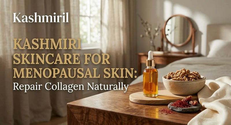 Cozy bedroom table with Kashmiril facial oil, walnuts and saffron. Blog title: KASHMIRI SKINCARE FOR MENOPAUSAL SKIN: Repair Collagen Naturally