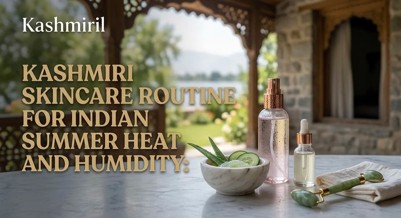 Kashmiril - KASHMIRI SKINCARE ROUTINE FOR INDIAN SUMMER HEAT AND HUMIDITY. Marble bowl with aloe, cucumber and rose water spray with dropper bottle, jade roller and towel on stone table.