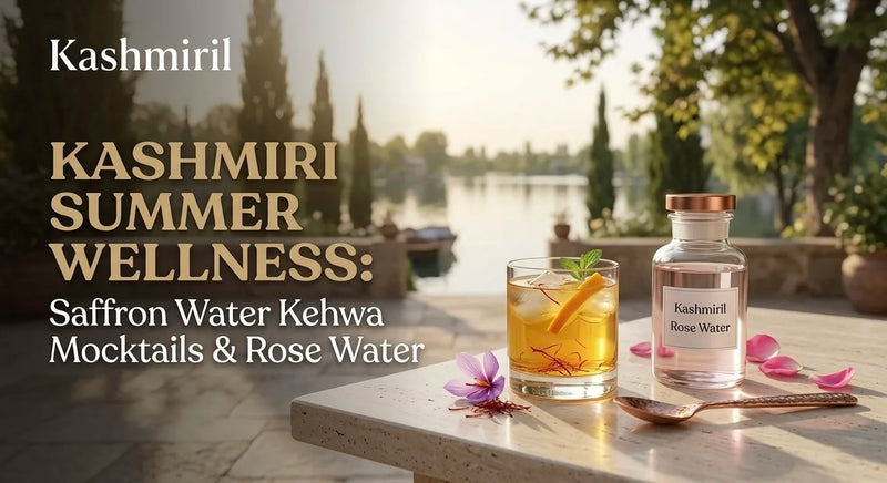 Kashmiril - KASHMIRI SUMMER WELLNESS: Saffron Water Kehwa Mocktails & Rose Water. Glass of saffron kehwa mocktail with rose water bottle and petals on marble table with scenic lake view.