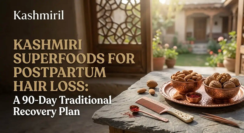 Kashmiril - KASHMIRI SUPERFOODS FOR POSTPARTUM HAIR LOSS: A 90-Day Traditional Recovery Plan. Copper bowls of almonds and walnuts with saffron, wooden comb and tweezers arranged on stone table in traditional courtyard.