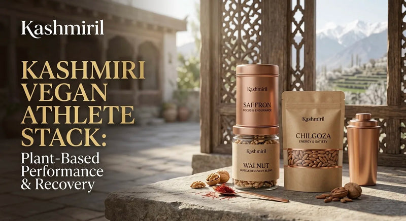 Kashmiril - KASHMIRI VEGAN ATHLETE STACK: Plant-Based Performance & Recovery. Copper containers and kraft bag of saffron, walnuts and chilgoza pine nuts on stone with Himalayan backdrop.
