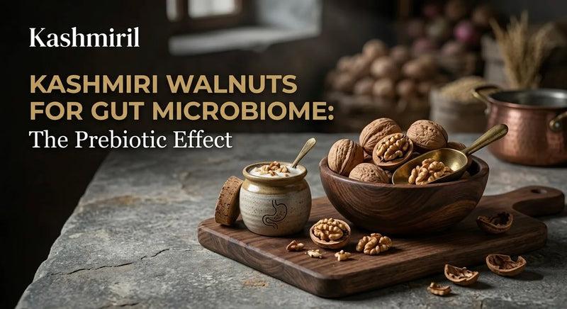 KASHMIRI WALNUTS FOR GUT MICROBIOME: The Prebiotic Effect. Wooden bowl overflowing with walnuts beside yogurt jar on rustic cutting board. Kashmiril.
