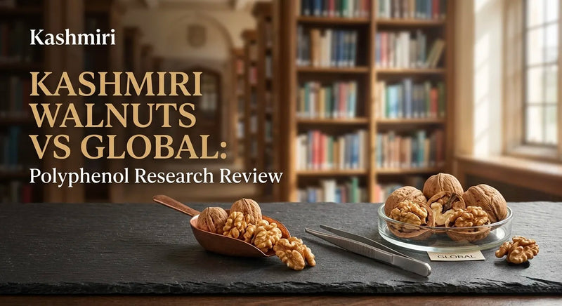 Kashmiril - KASHMIRI WALNUTS VS GLOBAL: Polyphenol Research Review. Fresh Kashmiri walnuts in glass bowl and copper scoop on dark slate with tweezers in elegant library setting.
