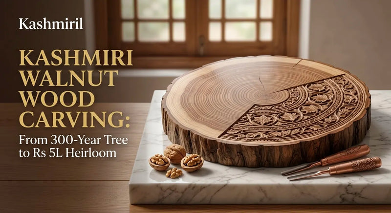 Kashmiril - KASHMIRI WALNUT WOOD CARVING: From 300-Year Tree to Rs 5L Heirloom. Massive intricately carved walnut wood slice on marble counter with fresh walnuts and traditional copper-handled carving tools.