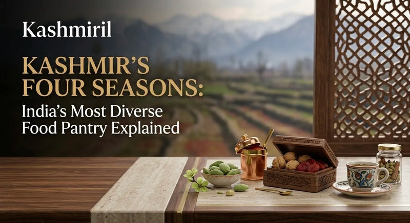 Kashmiril - KASHMIR’S FOUR SEASONS: India’s Most Diverse Food Pantry Explained. Open wooden box with walnuts, green almonds, saffron and tea cup by mountain window.