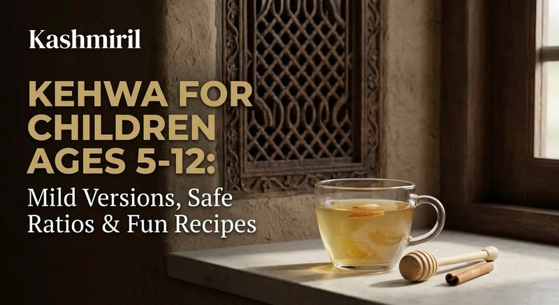 KEHWA FOR CHILDREN AGES 5-12: Mild Versions, Safe Ratios & Fun Recipes. Gentle glass cup of light golden Kashmiri kehwa with almond and honey dipper on marble windowsill. Kashmiril.