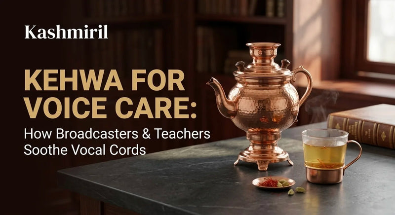 Kashmiril - KEHWA FOR VOICE CARE: How Broadcasters & Teachers Soothe Vocal Cords. Ornate copper samovar with steaming kehwa glass in a library setting.