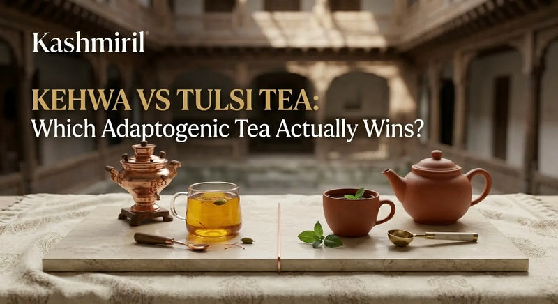 Kashmiril | KEHWA VS TULSI TEA: Which Adaptogenic Tea Actually Wins? Side-by-side comparison of traditional Kashmiri Kehwa with samovar and Tulsi tea in clay cup and teapot.