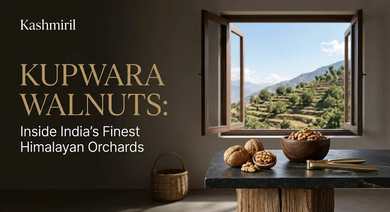 KUPWARA WALNUTS: Inside India's Finest Himalayan Orchards. Kashmiril walnuts and nutcracker by a window overlooking mountain terraces.
