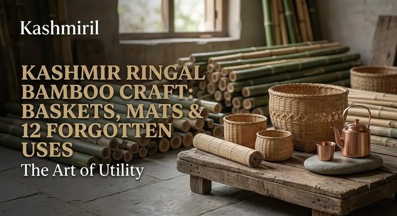 Kashmir Ringal Bamboo Craft: Baskets, Mats & 12 Forgotten Uses. Woven bamboo baskets and raw bamboo poles.