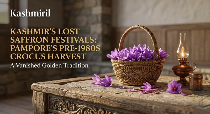 Kashmir's Lost Saffron Festivals: Pampore's Pre-1980s Crocus Harvest. Basket of purple saffron flowers and a lamp.