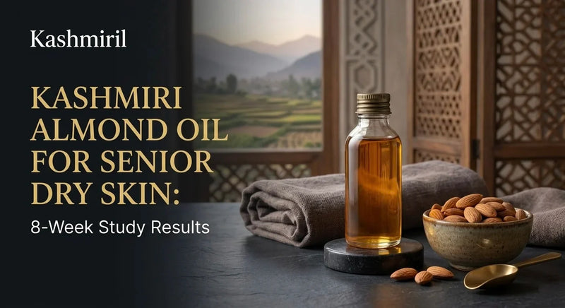Kashmiri Almond Oil for Senior Dry Skin: 8-Week Study Results. Bottle of amber almond oil with a bowl of almonds near a window.