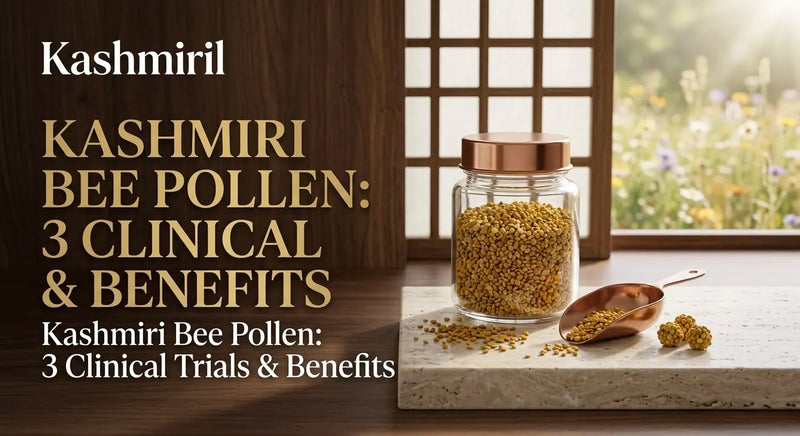 Kashmiri Bee Pollen: 3 Clinical Trials & Benefits. Glass jar and copper scoop with Kashmiri bee pollen granules.