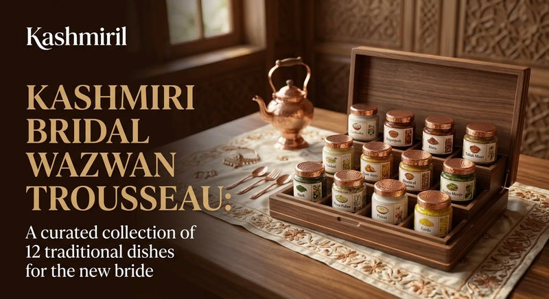 Kashmiri Bridal Wazwan Trousseau. A tiered wooden box containing 12 glass jars of traditional dishes.