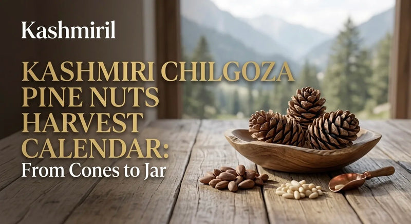Kashmiri Chilgoza Pine Nuts Harvest Calendar: From Cones to Jar. Pine cones and nuts in wooden bowl.