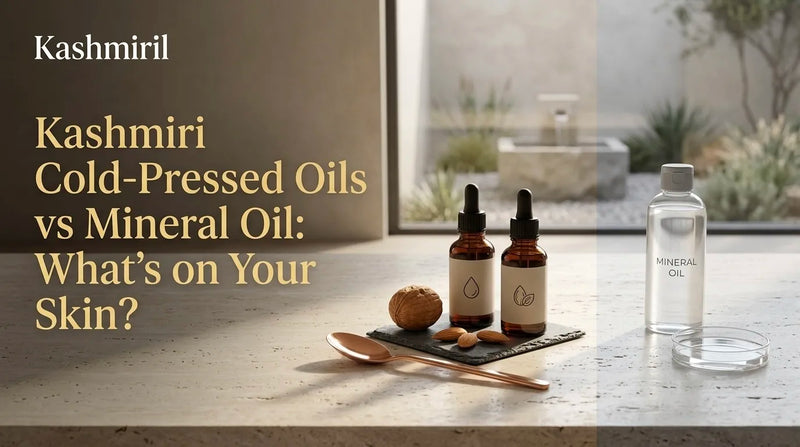 Kashmiri Cold-Pressed Oils vs Mineral Oil: What's on Your Skin? Kashmiril natural oil droppers beside mineral oil and almonds.