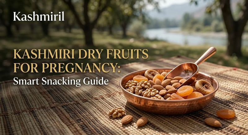 Kashmiri Dry Fruits for Pregnancy: Smart Snacking Guide. Copper bowl of almonds, walnuts, apricots, and figs with a scoop.