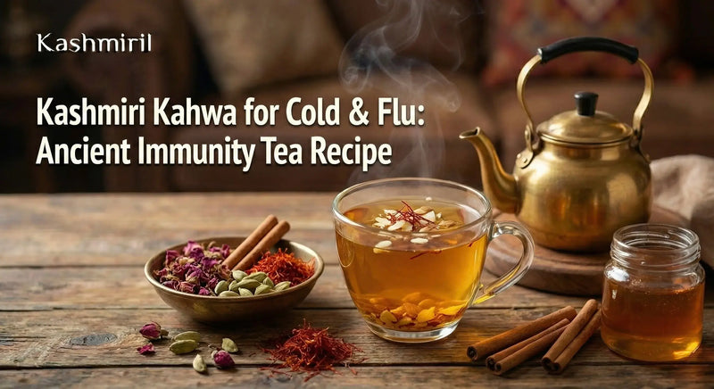 Kashmiri Kahwa for Cold & Flu - Steaming golden Kehwa in a glass cup with saffron and almonds, alongside cardamom, cinnamon, dried roses, brass kettle, and honey.