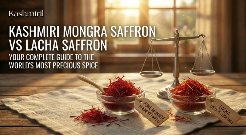Comparison of Kashmiri Mongra saffron and Lacha saffron with weighing scale on a wooden table with featured text "Kashmiri Mongra Saffron Vs Lacha Saffron".