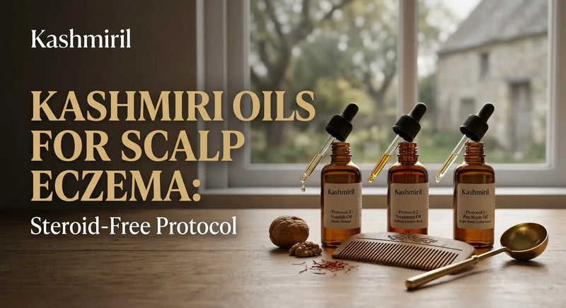 Kashmiril - Kashmiri Oils for Scalp Eczema: Steroid-Free Protocol. Three amber dropper bottles with scalp care tools and walnuts.