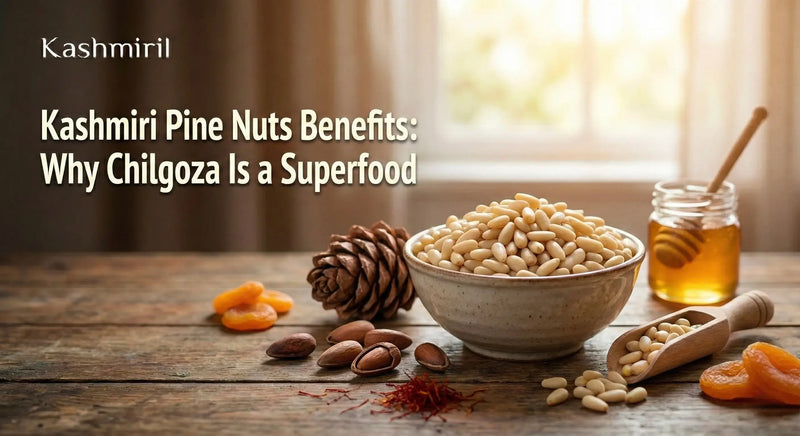 Kashmiri pine nuts (Chilgoza) in a ceramic bowl with pine cone, almonds, saffron, honey, and dried apricots on rustic wooden table — Kashmiri Pine Nuts Benefits: Why Chilgoza Is a Superfood