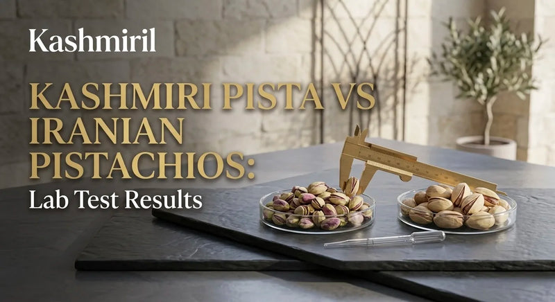 Kashmiri Pista Vs Iranian Pistachios: Lab Test Results. Kashmiri pistachio and Iranian Pistachio samples with caliper on slate.