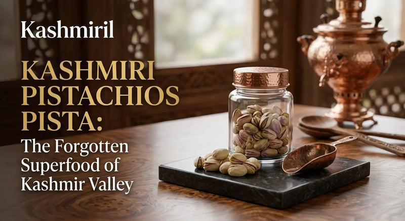 Kashmiri Pistachios Pista: The Forgotten Superfood of Kashmir Valley. Glass jar and copper scoop with pistachios.