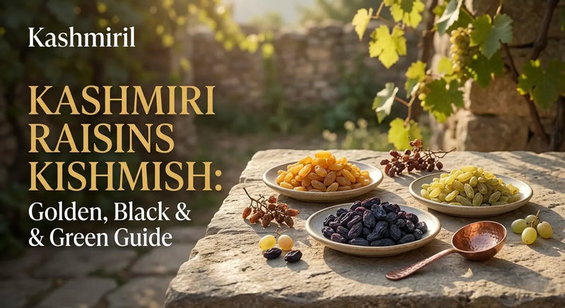 Kashmiri Raisins Kishmish: Golden, Black & Green Guide. Three bowls of different colored raisins on a stone table.