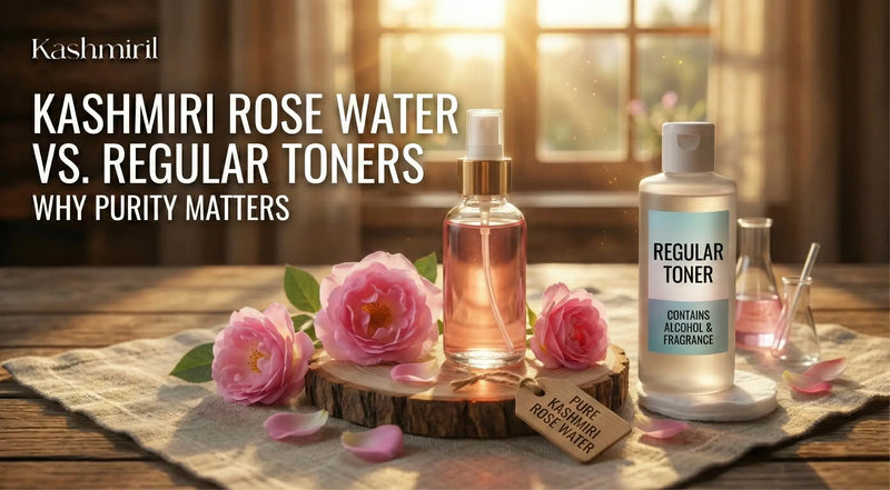 Two bottles of toner with Kashmiri rose water and regular toner on a wooden surface with flowers with featured text "Kashmiri Rose Water Vs Regular Toners".