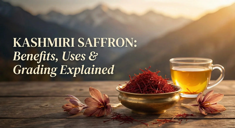 Featured Image of Kashmiri Saffron: Benefits Uses and Grading Explained Background with Kashmiri saffron with a cup of tea and flowers on a wooden surface with mountain background
