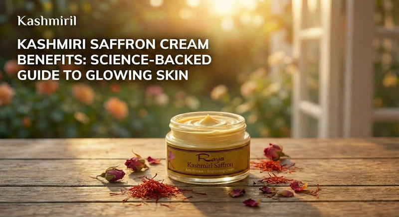 Raya Kashmiri Saffron Anti-Wrinkle and Brightening Cream jar with saffron threads and dried rose petals - Kashmiri Saffron Cream Benefits Guide by Kashmiril