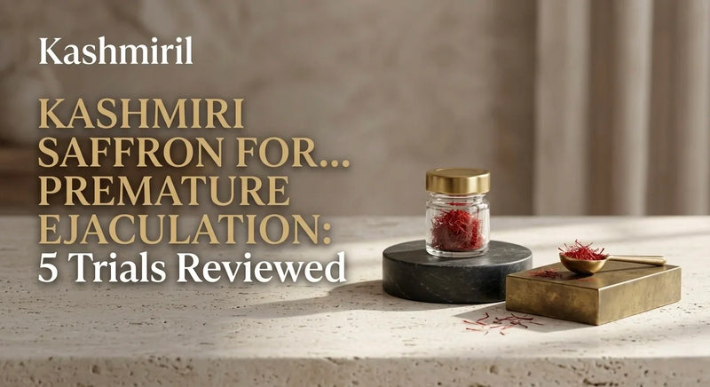 Kashmiri Saffron For... Premature Ejaculation: 5 Trials Reviewed. Saffron jar and a brass scoop on a light stone surface.