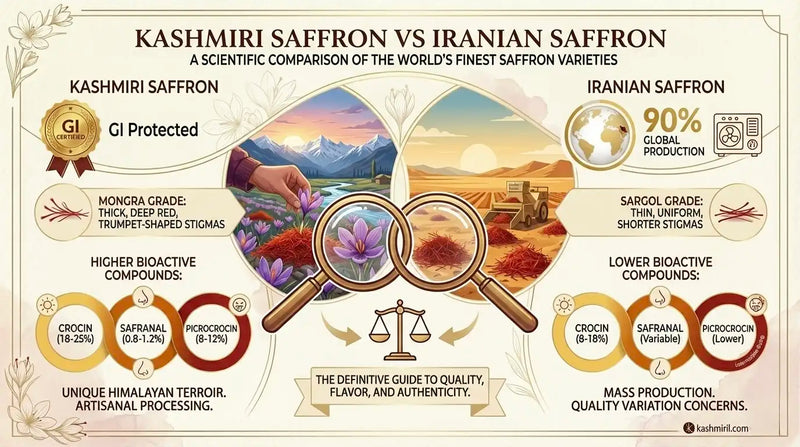 Featured Image of Comparison between Kashmiri saffron and Iranian saffron with visual elements and text.