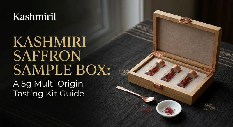 Kashmiri Saffron Sample Box: A 5g Multi Origin Tasting Kit Guide. Open wooden box with three saffron vials and a copper spoon.