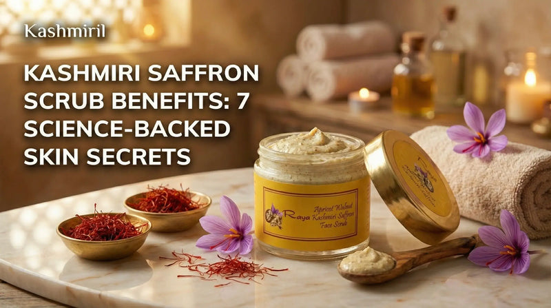 Kashmiri Saffron Scrub Benefits - Raya Kashmiri Saffron Face Scrub jar with apricot walnut formula, surrounded by pure saffron threads in brass bowls and purple crocus flowers on marble surface