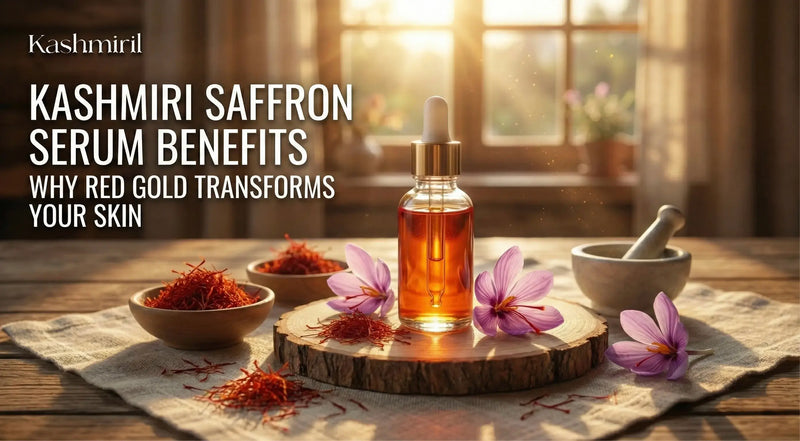 Kashmiri saffron serum with saffron threads and flowers on a wooden surface and featured text "Kashmiri Saffron Serum Benefits".