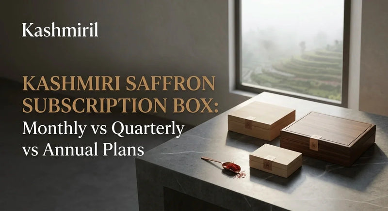 Kashmiri Saffron Subscription Box: Monthly vs Quarterly vs Annual Plans. Three wooden boxes and a spoonful of saffron on stone.