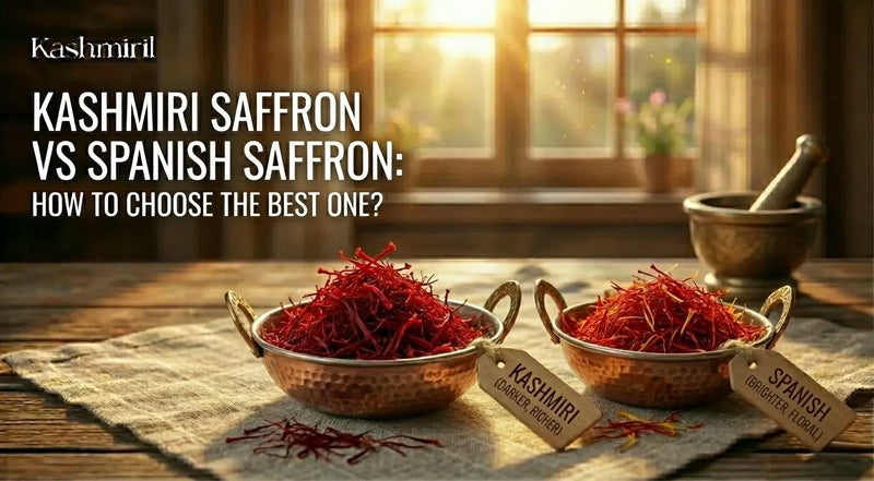 Two bowls of Kashmiri saffron and Spanish Saffron on a wooden table with a window in the background with featured text "Kashmiri Saffron Vs Spanish Saffron".