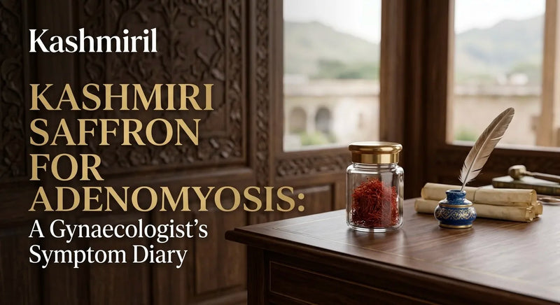 Kashmiri Saffron for Adenomyosis: A Gynaecologist's Symptom Diary. Jar of saffron next to a feather quill and symptom diary.